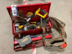 Tool Box w/ Asst Tools including Hacksaw, Tape Measure, Staplers, Level, Hammer, etc.