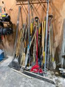 Lot of Asst. Brooms, Rakes, Shovels, Squeegees, Scrapers, etc.