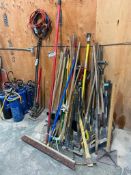 Lot of Asst. Brooms, Rakes, Shovels, Squeegees, Pick-Axe, Scrapers, etc.