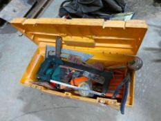 Tool Box w/ Asst Tools including Hacksaw, Speed Square, Tape Measure, Staplers, Level, Hammer, Caulk