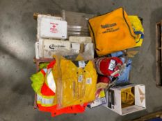 Pallet of Asst. First Aid Kits, Safety Vests, Spill Kits, Fire Extinguishers, etc.