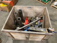 Crate of Asst. Fittings, Construction Squares, Measuring Tape, Welding Electrodes, etc.