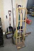 Lot of 2-Wheel Dolly, Asst. Brooms and Shovels.