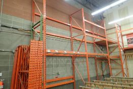 Lot of Pallet Racking w/ (6) 16'x42" Uprights, (5) 8'x42" Uprights, (25) 8' Crossbeams, Wire and Ply