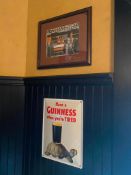 LOT OF (3) FRAMED MEMORABILIA PHOTOS & (1) METAL GUINNESS ADVERTISING SIGN - NOTE: REQUIRES REMOVAL