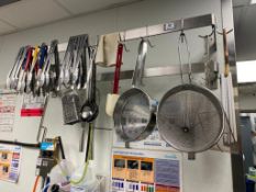 WALL MOUNTED POT SHELF WITH ASSORTED KITCHEN UTENSILS, CUTTING BOARDS & MORE - NOTE: REQUIRES REMOVA