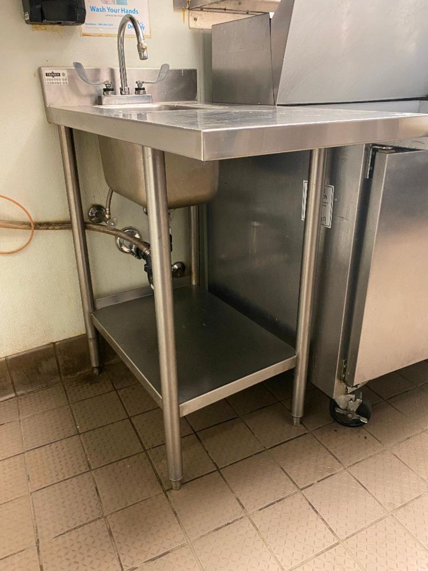 TRIMEN STAINLESS STEEL HAND SINK & TABLE WITH UNDERSHELF - NOTE: REQUIRES DISCONNECT, PLEASE INSPECT - Image 3 of 4