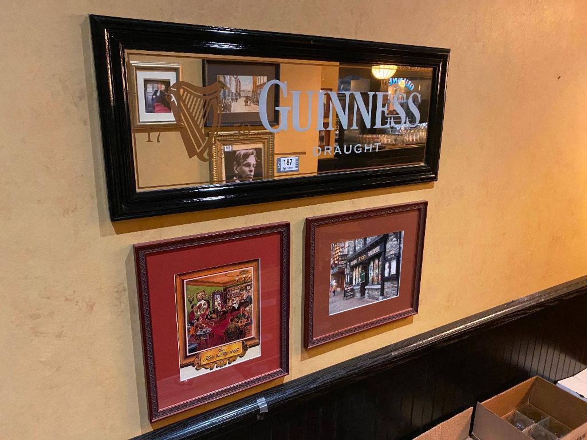 LOT OF (3) FRAMED MEMORABILIA PHOTOS & (1) GUINNESS MIRROR - NOTE: REQUIRES REMOVAL FROM WALL, PLEAS