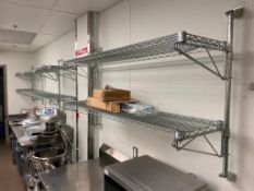 (8) CHROME WIRE WALL MOUNTED SHELVES, ASSORTED SIZES - NOTE: REQUIRES REMOVAL FROM WALL, PLEASE INSP