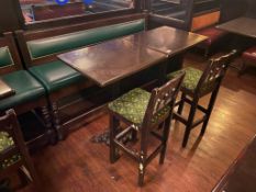 LOT OF (2) BAR HEIGHT TABLE WITH 2 BAR HEIGHT CHAIRS & (1) 75" GREEN BAR HEIGHT BENCH