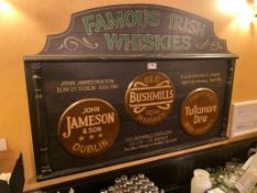 FAMOUS IRISH WHISKIES WOODEN PLAQUE - NOTE: REQUIRES REMOVAL FROM WALL, PLEASE INSPECT