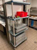 METRO MAX PLASTIC STORAGE RACK WITH STAINLESS STEEL LADLES AND RED WASH BUCKETS
