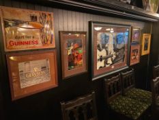 LOT OF (6) FRAMED MEMORABILIA PHOTOS & (1) METAL GUINNESS ADVERTISING SIGN - NOTE: REQUIRES REMOVAL