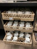 (3) DISHWASHER TRAYS OF ASSORTED COFFEE CUPS & TEAPOTS