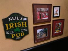 LOT OF (4) FRAMED MEMORABILIA PHOTOS & (1) NEIL'S IRISH PUB PLAQUE - NOTE: REQUIRES REMOVAL FROM WAL