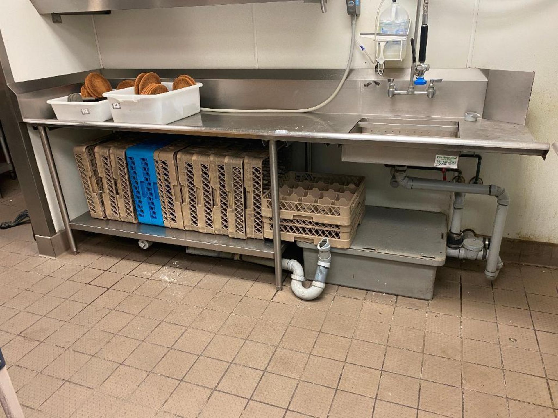 105" STAINLESS STEEL DRAINBOARD/ SINK WITH PRE-RINSE & GREASE TRAP - NOTE: REQUIRES DISCONNECT, PLEA