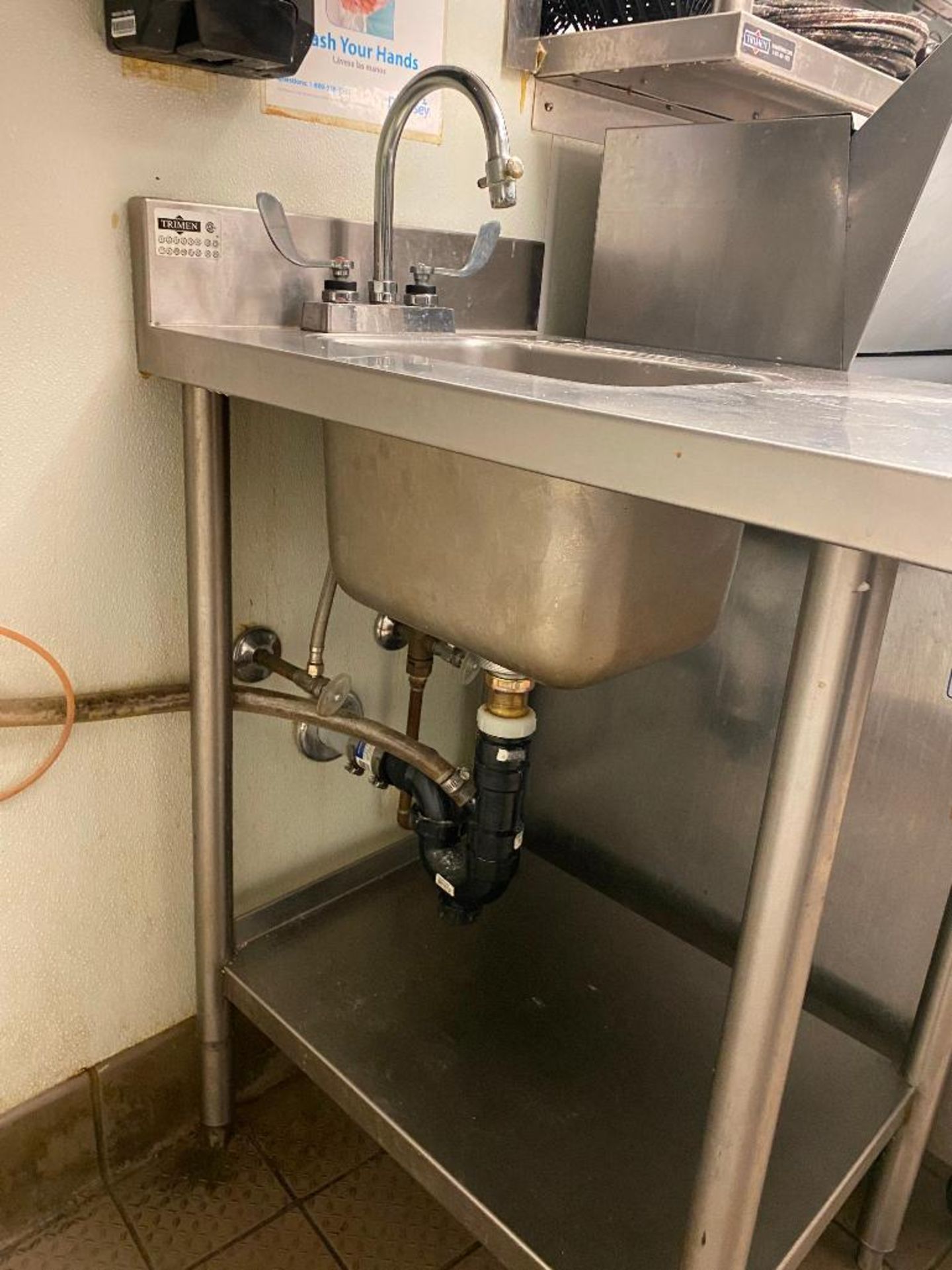 TRIMEN STAINLESS STEEL HAND SINK & TABLE WITH UNDERSHELF - NOTE: REQUIRES DISCONNECT, PLEASE INSPECT - Image 4 of 4