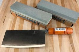 WOODEN HANDLE MEAT CLEAVER WITH 2 SHARPENING STONES