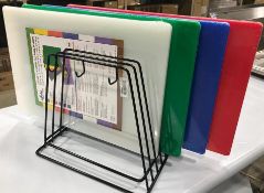 4 MIXED COLOURED CUTTING BOARD SET & RACK