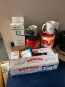 Lot of Asst. Coffee Supplies and Kitchen Equipment including Coffee Makers, Sugar, Pot, etc.