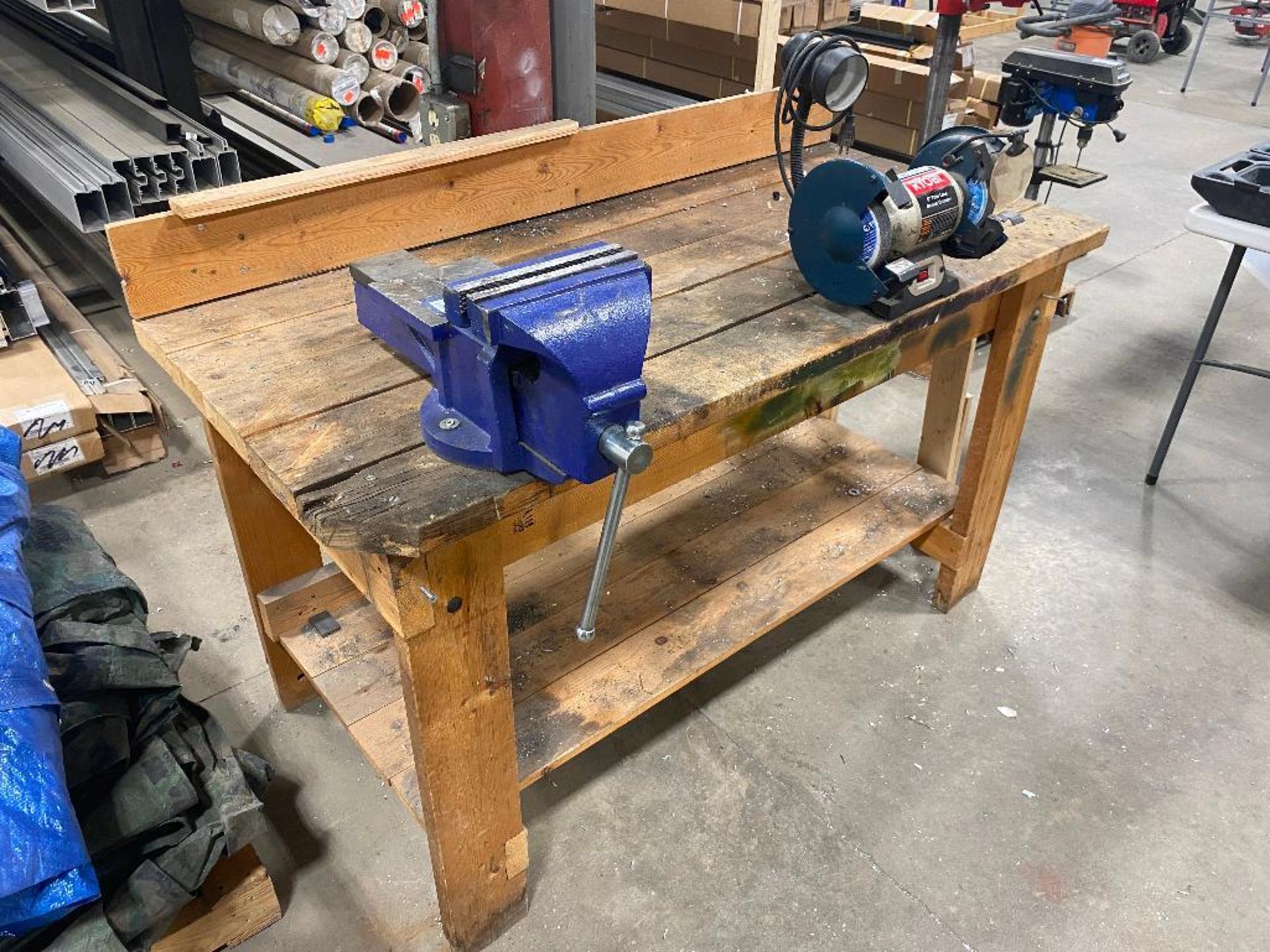 Wooden Work Bench With Vise & Ryobi 6" Bench Grinder