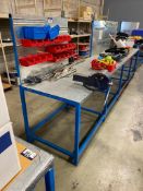 162" X 32" Steel Shop Table w/ 6" Irwin Bench Vise, Power Receptacles, Parts Bins, etc.