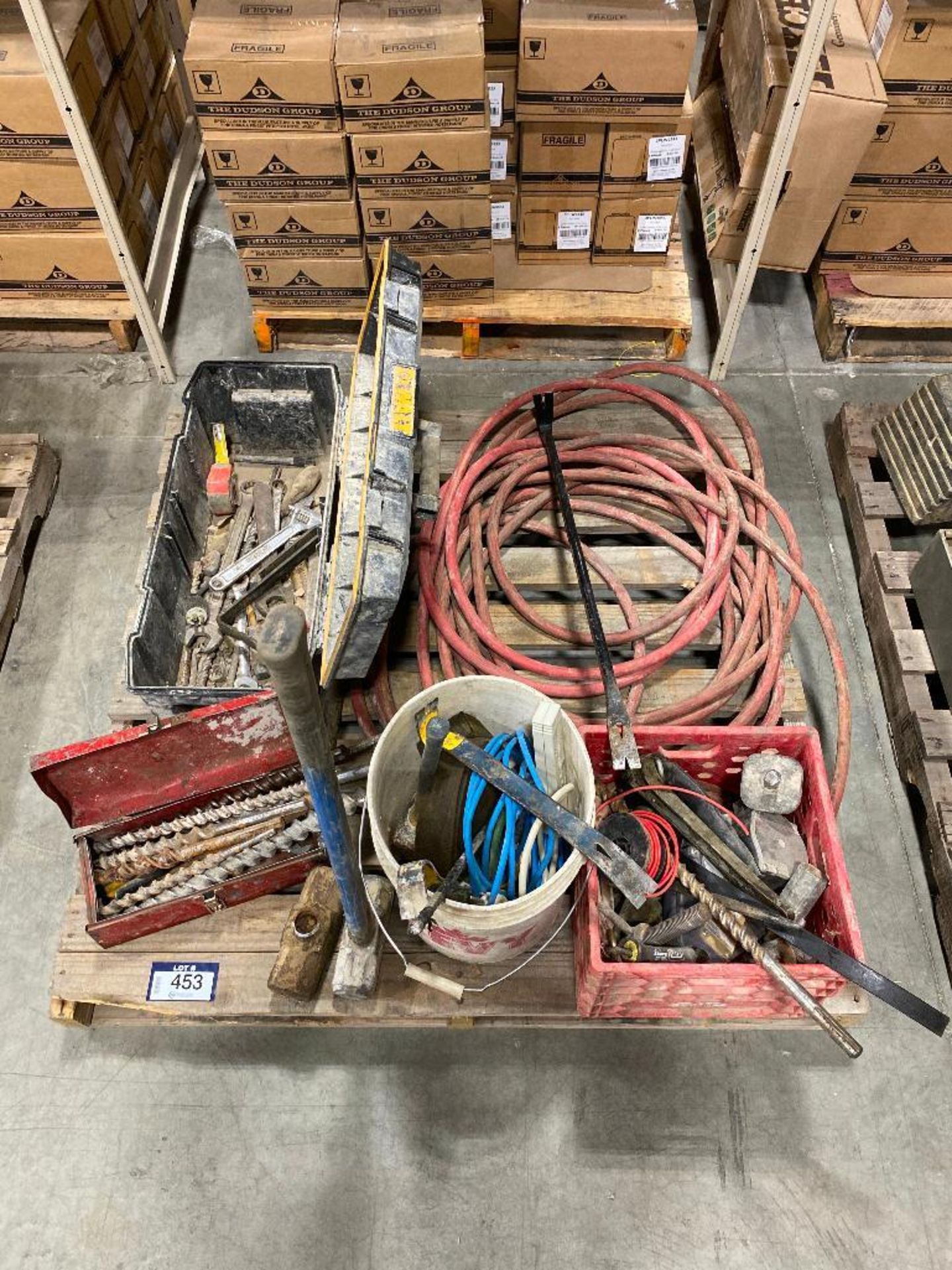 Pallet of Asst. Drill Bits, Wrenches, Pry Bar, Fall Arrest, Air Hose, etc.