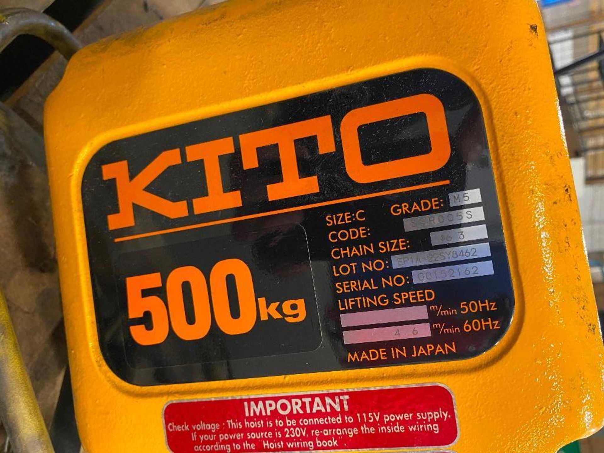 KITO 500kg Electric Chain Hoist, Size:C, 1PH, 115V - Image 5 of 5