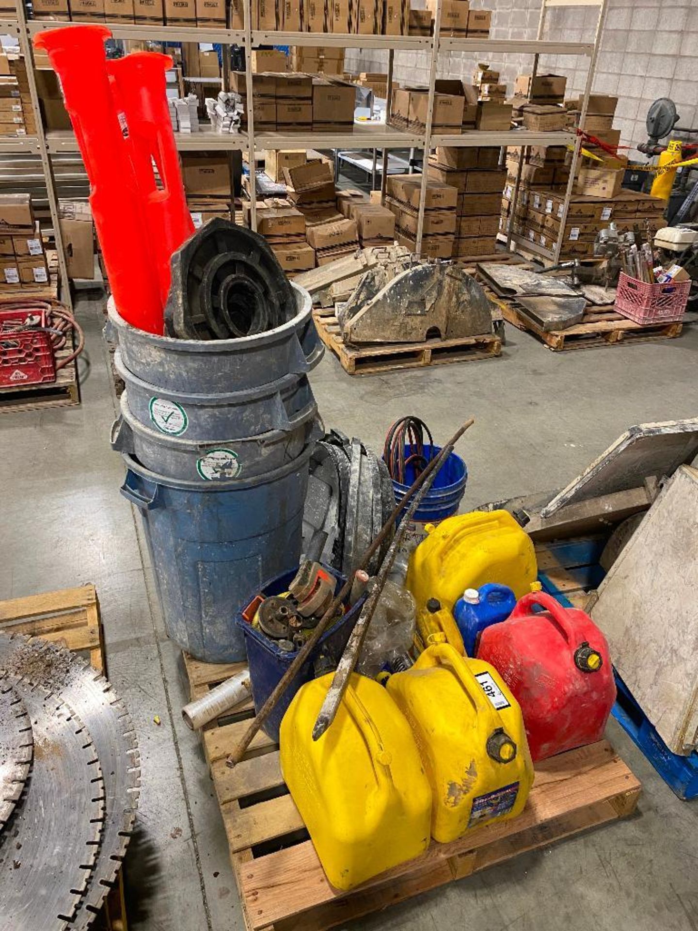 Pallet of Asst. Fuel Cans, Garbage Cans, Booster Cables, Straps, etc. - Image 2 of 4