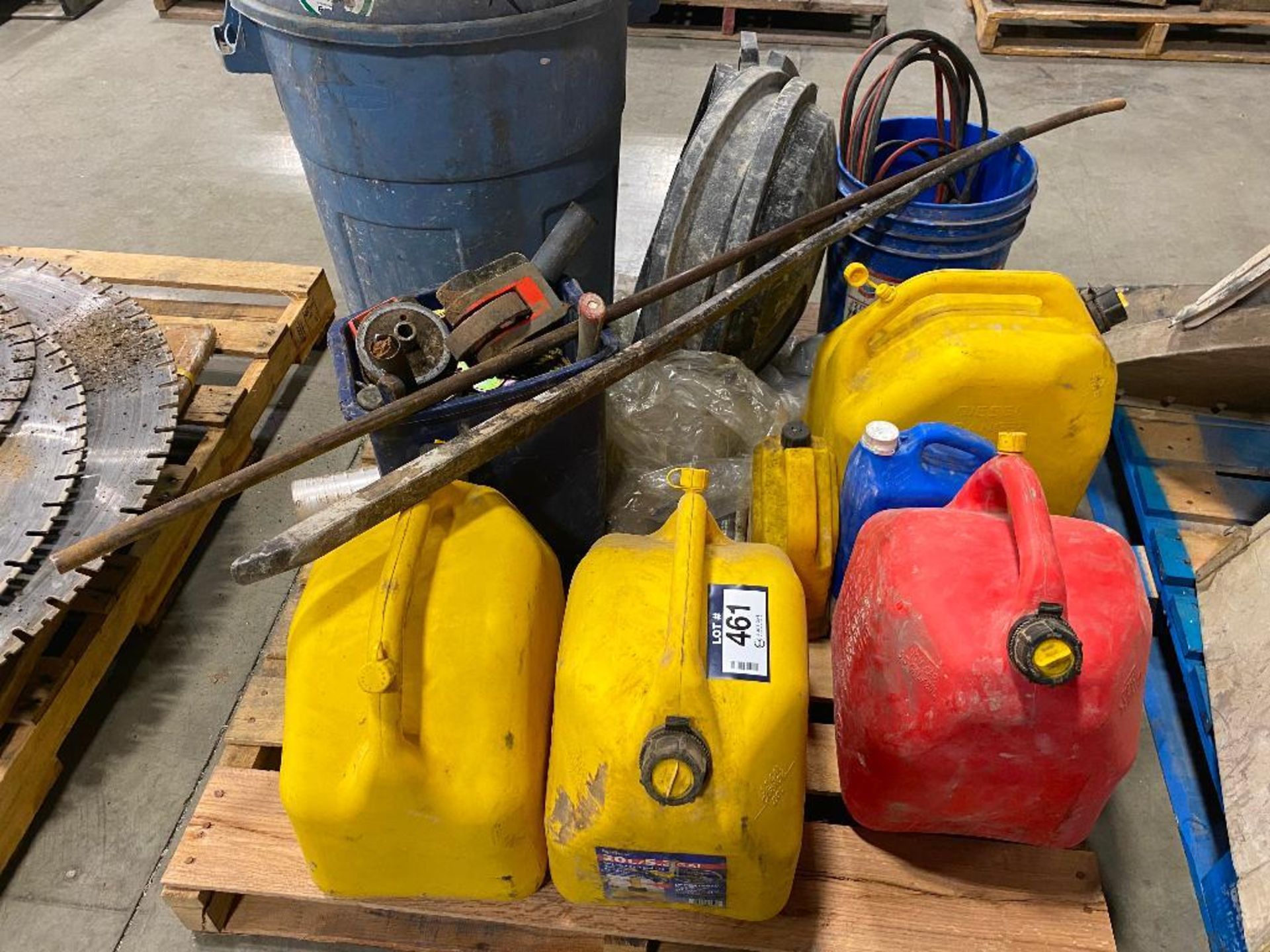 Pallet of Asst. Fuel Cans, Garbage Cans, Booster Cables, Straps, etc. - Image 3 of 4