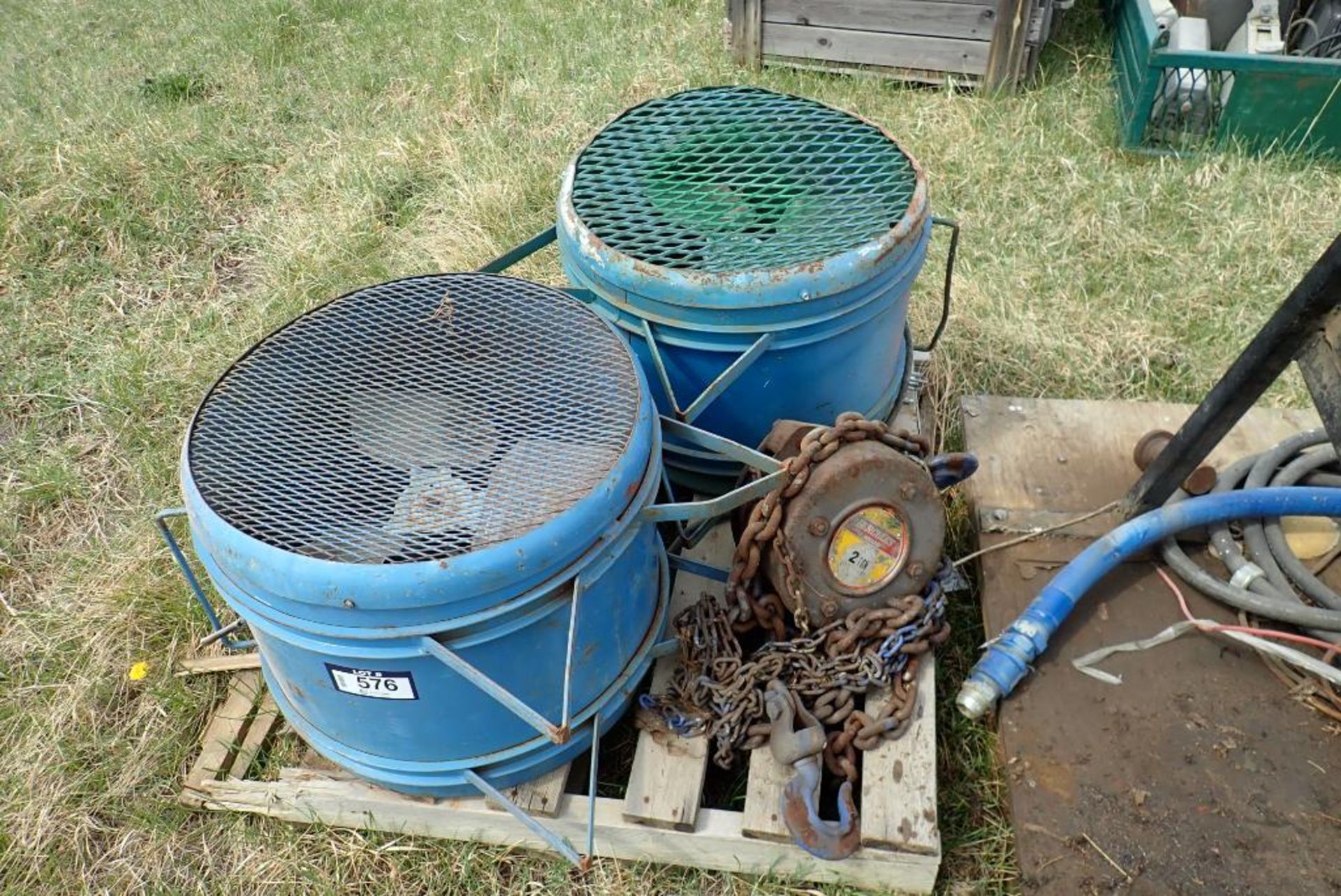 Lot of 2 Sureflame Commercial Fans and Hercules 2-ton Chain Hoist.