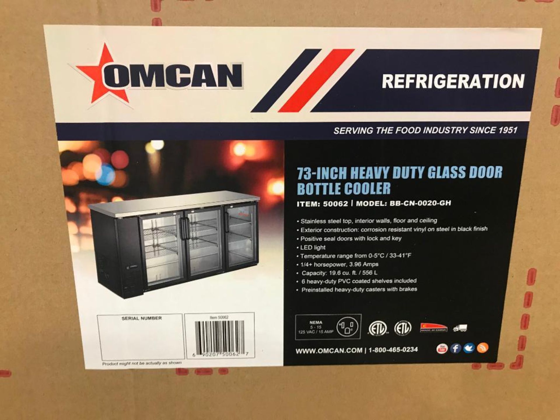 73'' GLASS THREE DOOR BACK BAR COOLER, 19.6 CUBIC FEET - OMCAN 50062 - Image 4 of 5