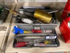 Plastic Tool Box w/ Asst. Tools including Screwdrivers, Filter Wrench, Files, Crescent Wrench, etc.