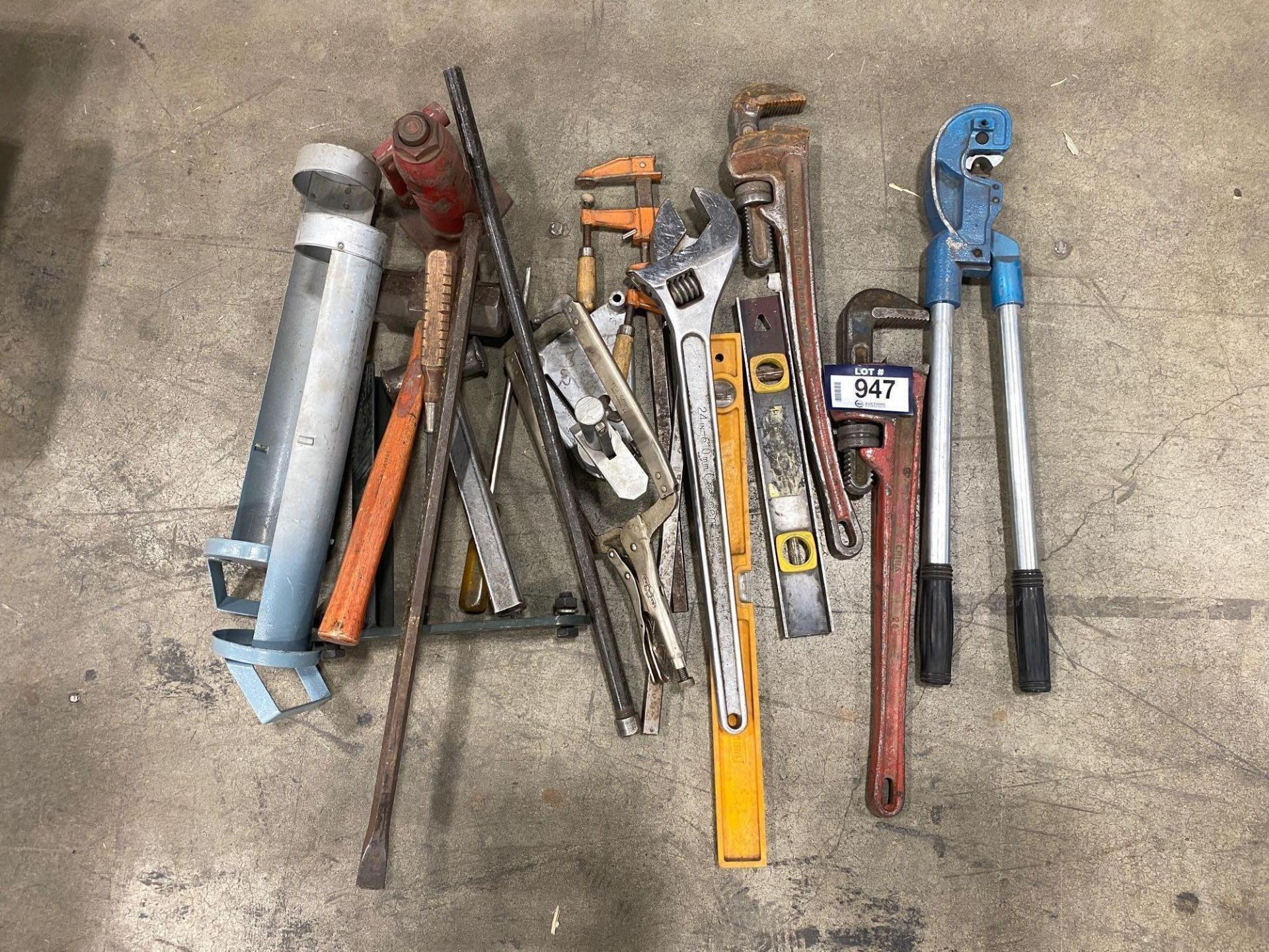 Lot of Asst. Tools Including, Bottle Jack, Crimper, Pipe Wrench, Sledge Hammer, Levels, etc.