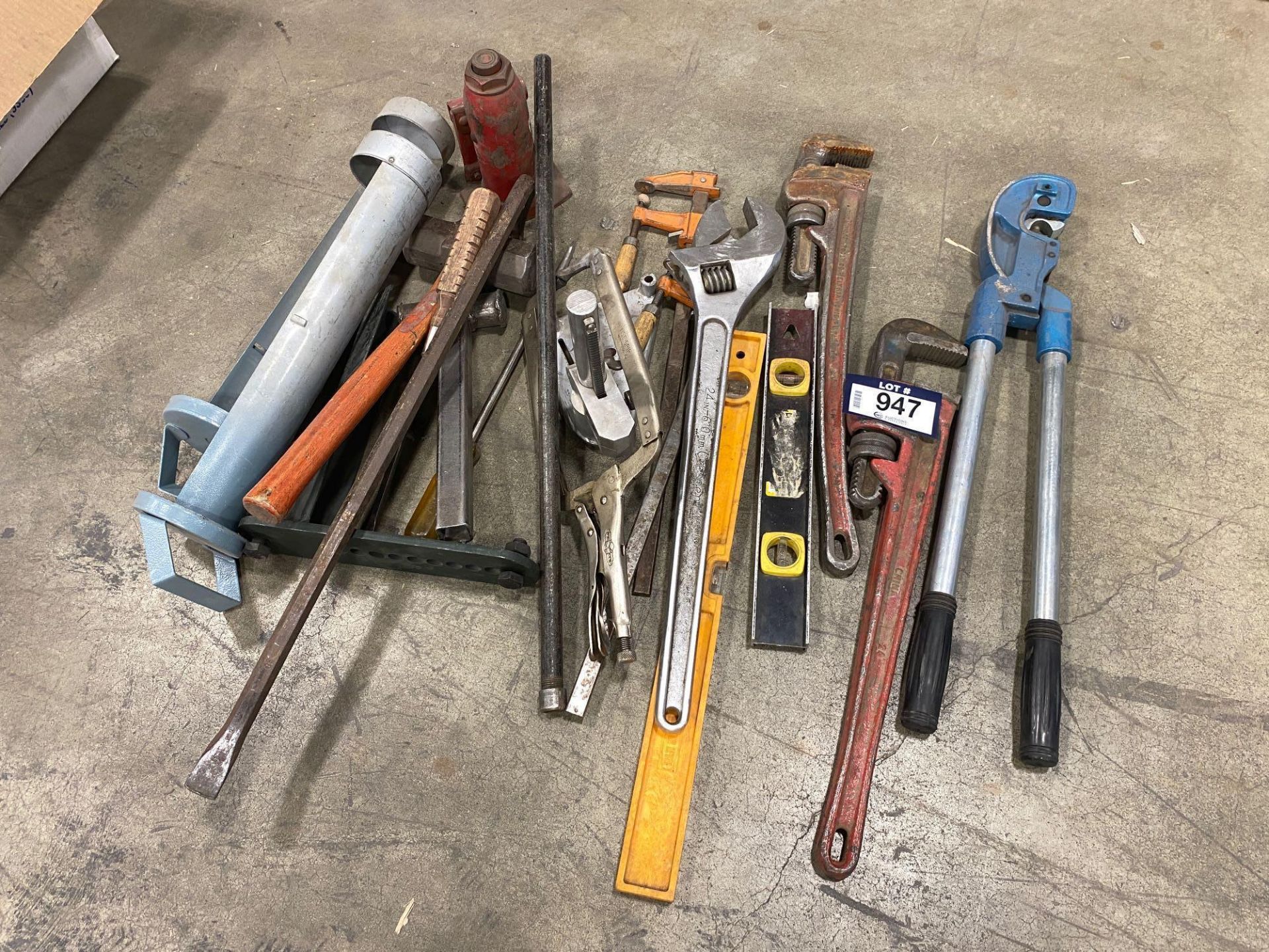 Lot of Asst. Tools Including, Bottle Jack, Crimper, Pipe Wrench, Sledge Hammer, Levels, etc. - Image 2 of 3