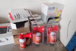 Lot of 3 Boxes Safety Glasses, 3 Boxes Lens Cleaners, 3 Boxes Ear Plugs and 3 Air Sirens.