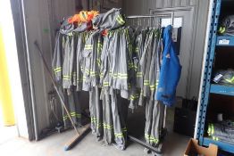 Mobile Rack w/ 38 USED NFPA 2112 Certified Asst. Size Coveralls, Winter Jacket and Safety Vests.
