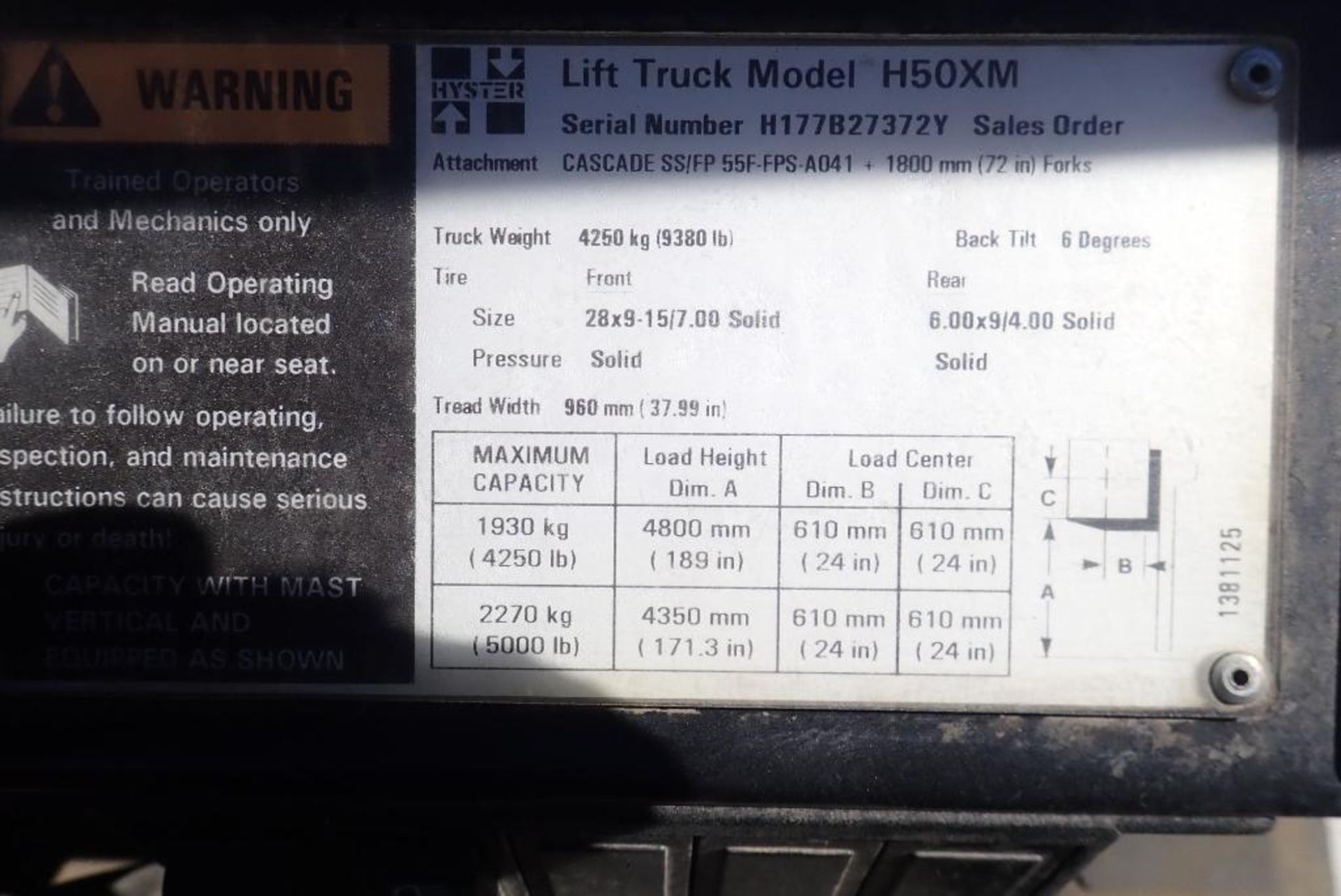 Hyster H50XM 4,250lbs Capacity LPG Forklift. SN H177B827372Y. - Image 5 of 8