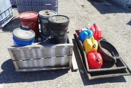 Lot of Asst. Hydraulic Oil, 75W-90 Synthetic Gear Lube, Jerry Cans and Drip Trays.
