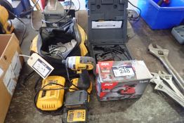 Lot of Skil Corded Palm Sander and DeWalt 20V Cordless Impact w/ 2 Batteries, 2 Chargers, and Cases.