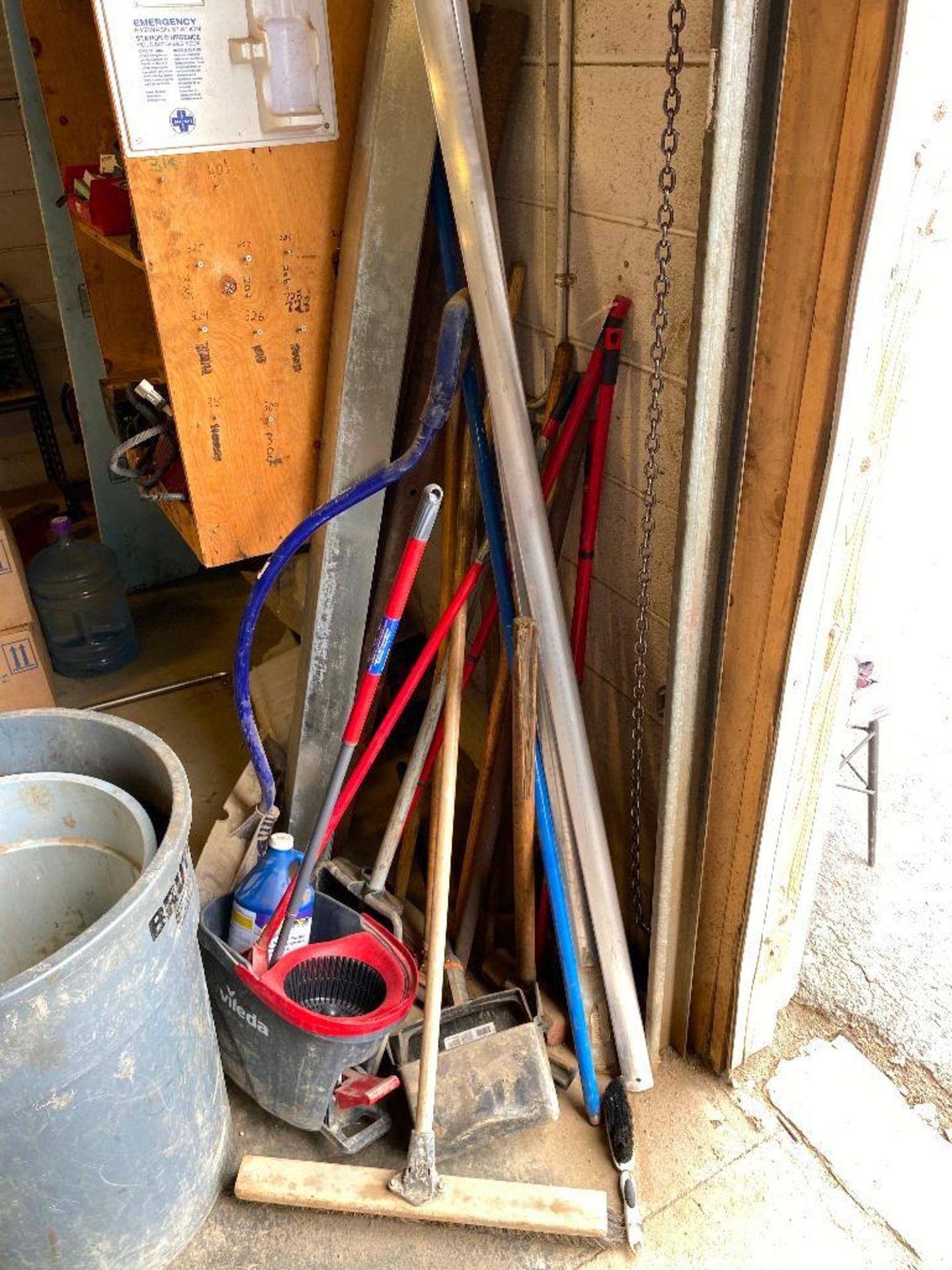 Lot of Brute Garbage Can w/ Asst. Brooms, Shovels, Sledge Hammer, etc. - Image 2 of 2