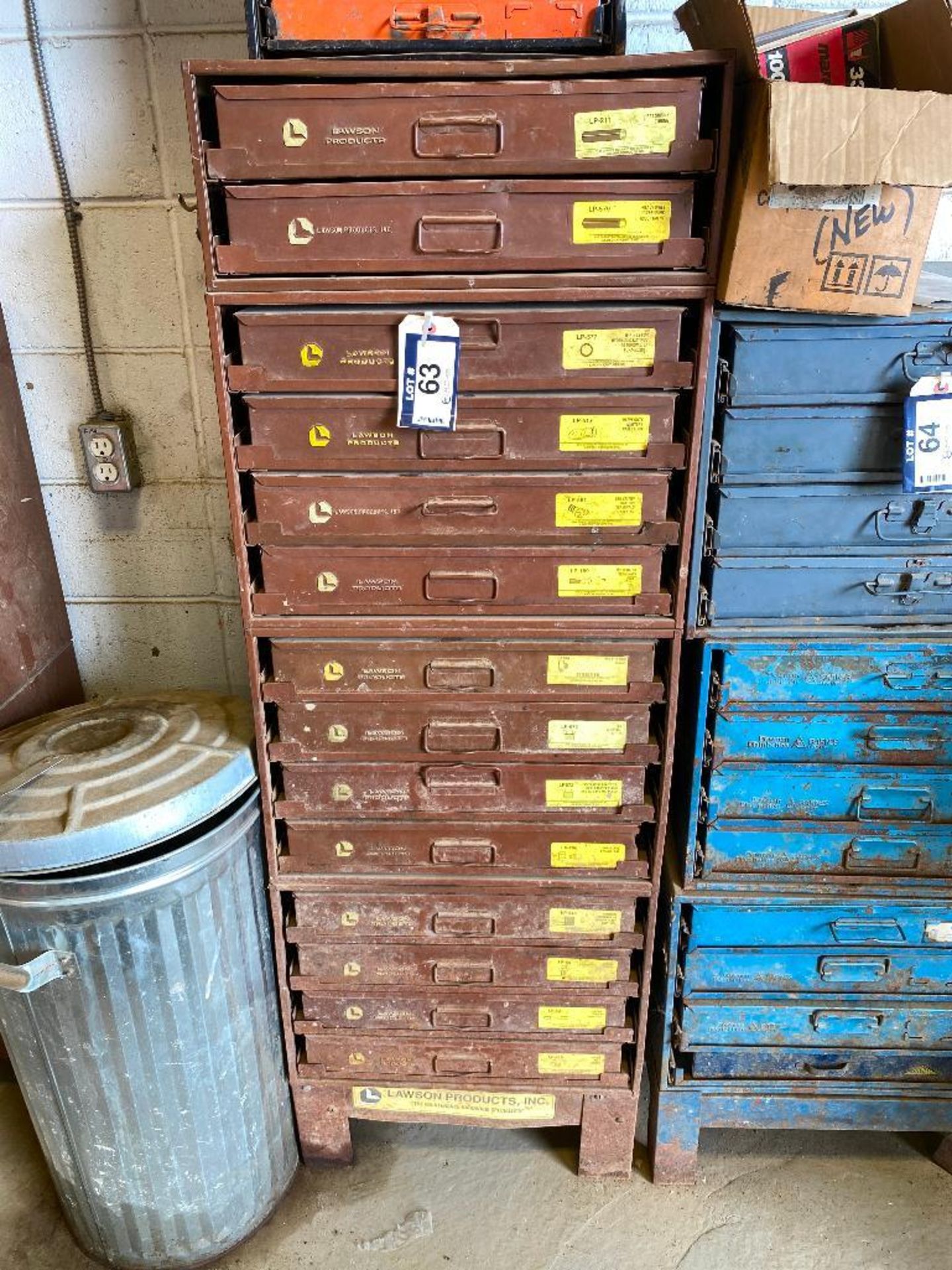 Lot of (14) Lawson Parts Drawers w/ Asst. Contents including, O-Rings, Fittings, Connectors, etc.