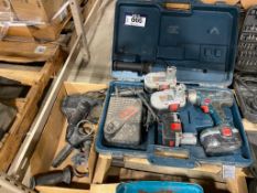 Lot of Bosch Drill w/ (4) Batteries, (2) Chargers, Case, etc.