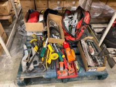 Pallet of Asst. Tools including Caulking Gun, Pry Bar, Saw Blades, Painting Supplies, Etc.