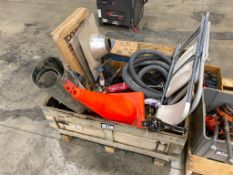 Crate and contents including Table Legs, Cat5e Cord, Chain Hoist, Sump Pump, etc.