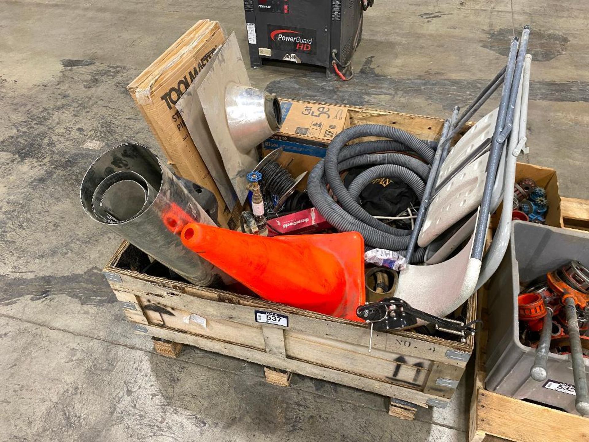 Crate and contents including Table Legs, Cat5e Cord, Chain Hoist, Sump Pump, etc.