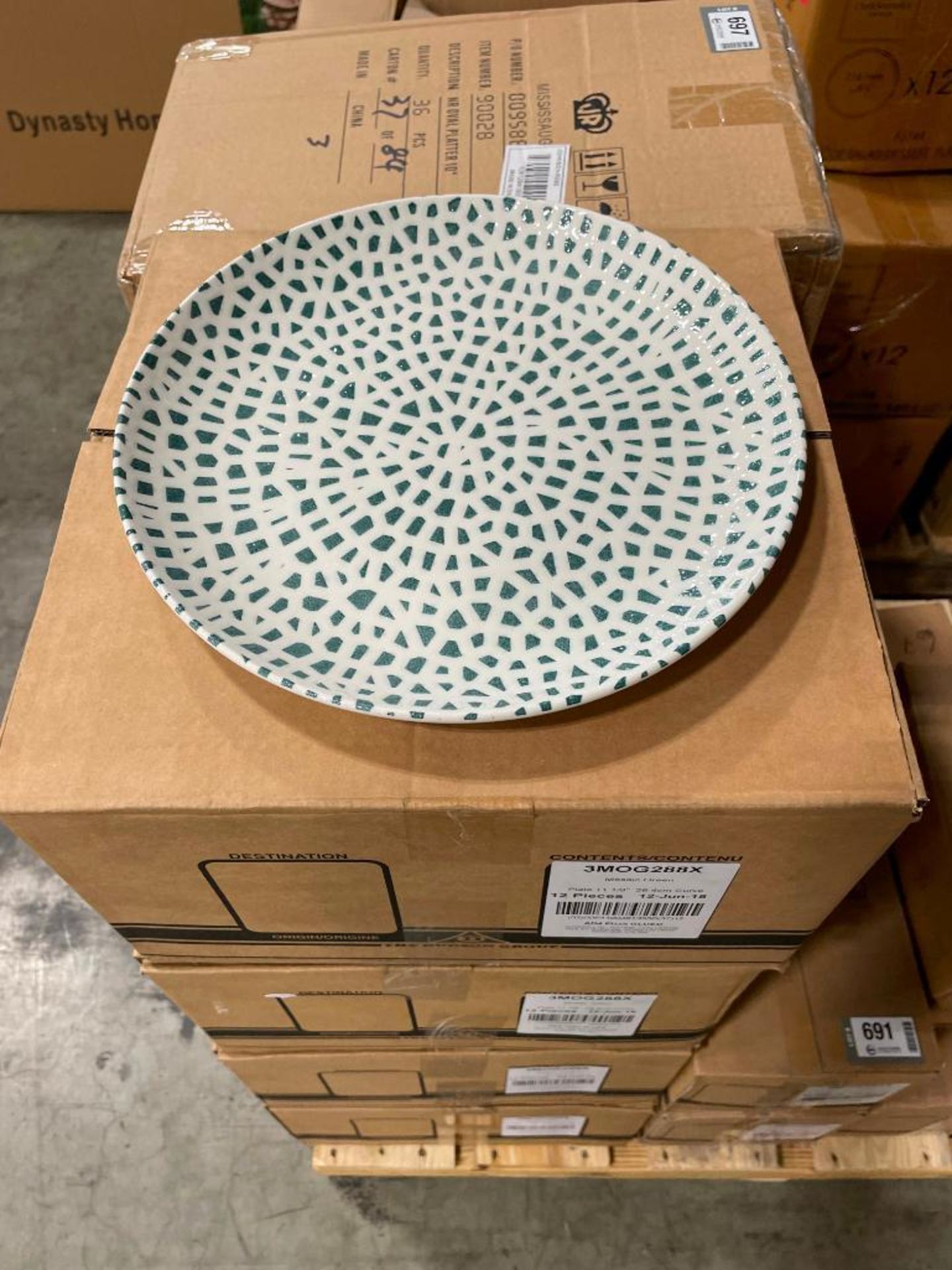 4 CASES OF DUDSON MOSAIC GREEN 11 1/8" PLATES - 12/CASE, MADE IN ENGLAND