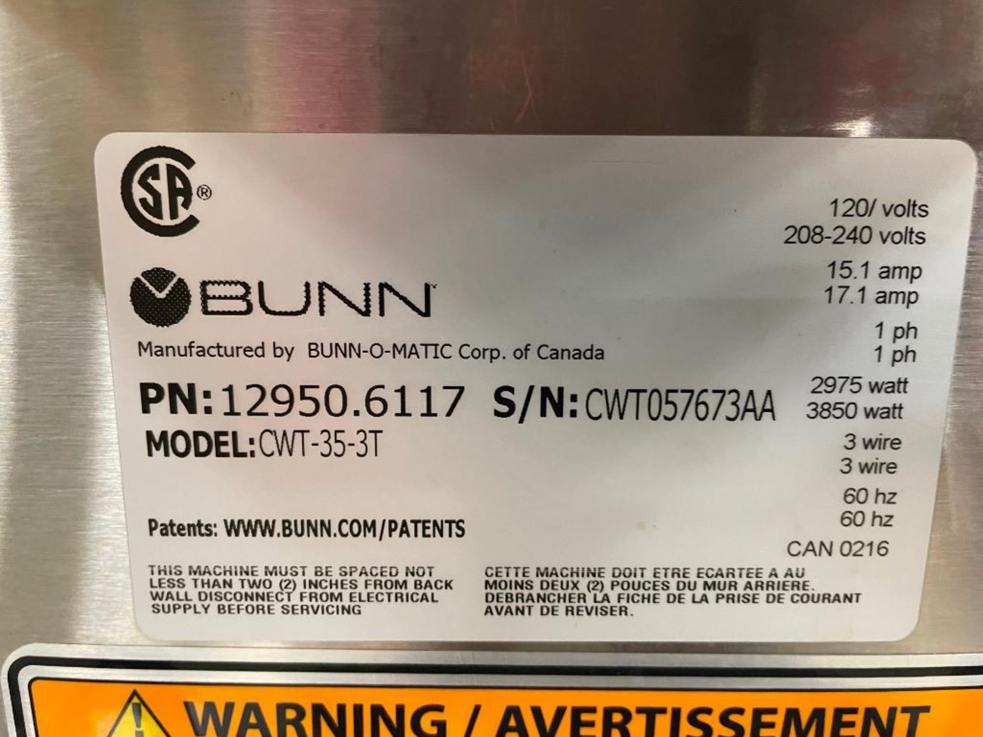 BUNN CWT-35-3T 12 CUP AUTOMATIC COFFEE BREWER WITH 3 WARMERS - Image 7 of 7