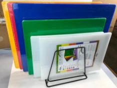 6 MIXED COLOURED CUTTING BOARD SET & RACK