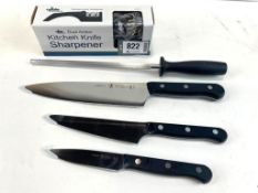 DUAL ACTION KNIFE SHARPENER WITH 4 PIECE J.A HENCKELS KNIFE SET